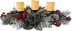 Christmas Candle Holder 3 Candle Holders Xmas Table Centerpiece with Snow Flocked Pine Branches,Pinecones, Red Berries