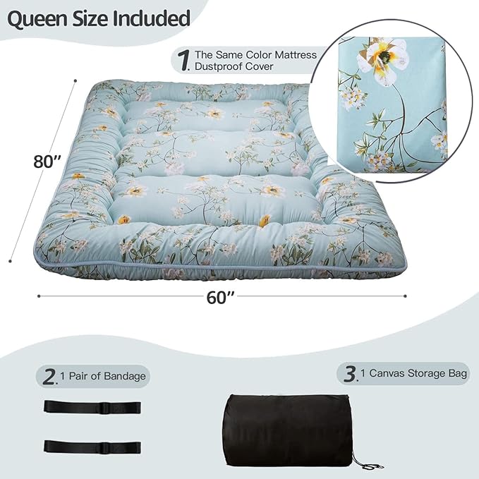 MAXYOYO Rustic Floral Korean Floor Mattress Japanese Futon, Foldable Bed Roll Up Camping Lounger Bed Couches and Sofas Mattress Topper Queen Size