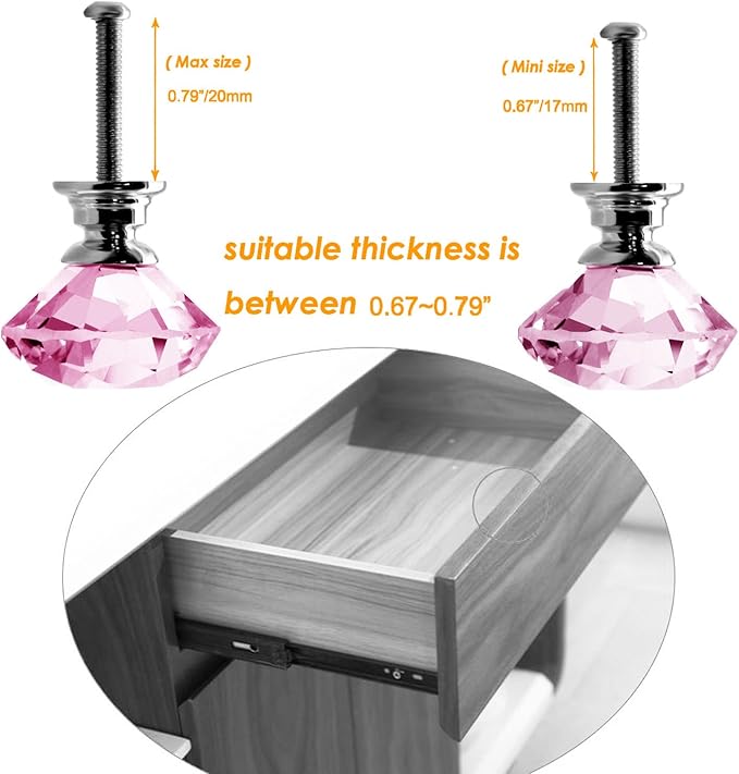 12pcs Diamond Shape Crystal Glass 30mm Cabinet Drawer Knob Pink