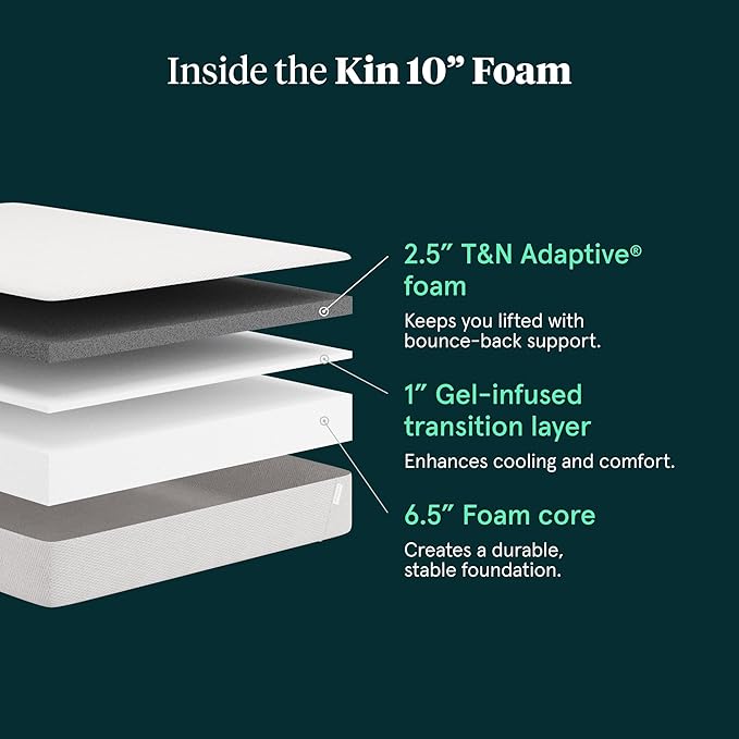 Tuft & Needle Kin Medium Firm 10" Twin XL Adaptive Foam Mattress in a Box, Cooling Pressure Relief, Balanced Support, 100 Night Trial, Fiberglass-Free, CertiPUR-US, 10-Year Limited Warranty