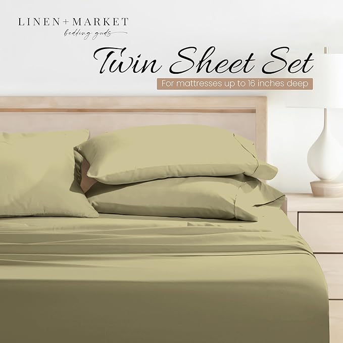 Linen Market Double-Brushed Microfiber Twin Sheet Set 3 Piece – Oeko-TEX Certified Ultra Soft & Wrinkle-Free - 16" Deep Pocket Sheets - Easy Care Twin Size - Sage