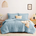 CozyLux Queen Comforter Set Light Blue Seersucker 7 Pieces Bed in a Bag Queen Comforter Set with Sheets Luxury Soft Bedding Set with Down Alternative Comforter, Sheets, Pillowcases & Shams All Seasons