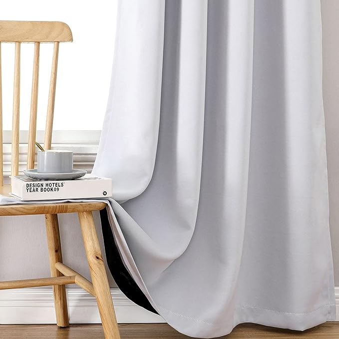 ChrisDowa 100% Blackout Curtains for Bedroom with Black Liner, 2 Thick Layers Total Blackout Thermal Insulated Grommet Window Curtains 2 Panels Set (Greyish White, 42 x 63 Inch)