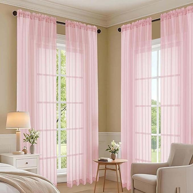 OVZME Blush Pink Bedroom Curtains 96 Length for Farmhouse, 59 Inch Extra Wide Light Filtering Voile Drapes Light Airy Window Decor for Patio Door Living Room Bedroom Dining, 59Wx96L Inches