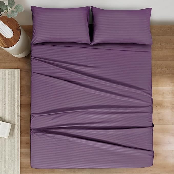 Mejoroom Striped Full Size Sheets – Extra Soft Full Size Bed Sheets - 16inches deep Pocket Full Sheet Set, Breathable, Wrinkle, Fade and Stain Resistant - 4 Piece (02-Purple)