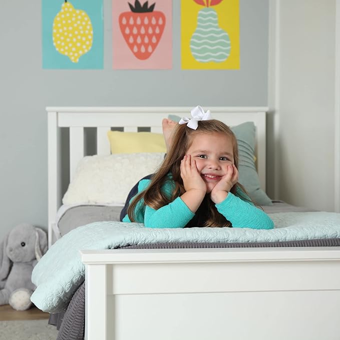 Max & Lily Twin Bed Frame with Slatted Headboard, Solid Wood Platform Bed for Kids, No Box Spring Needed, Easy Assembly, White
