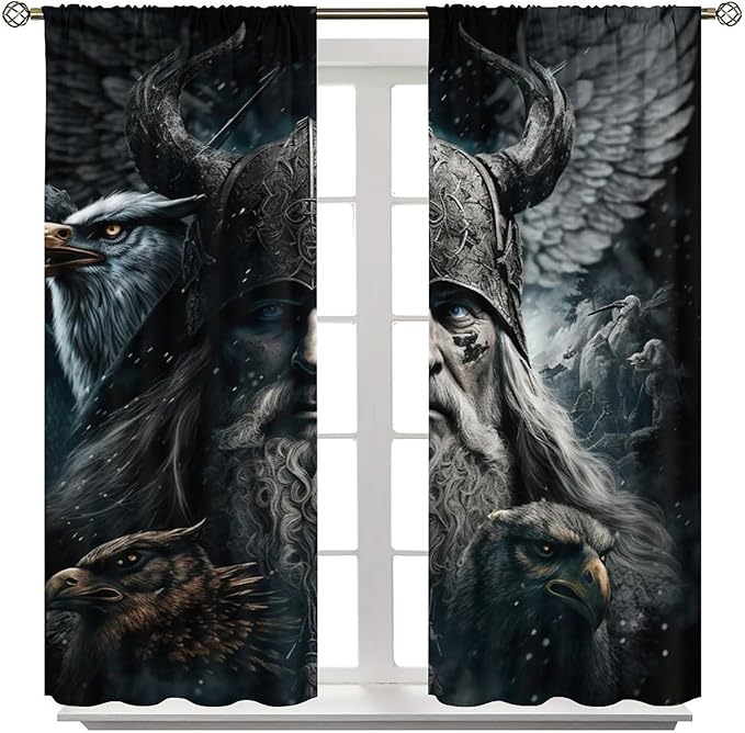 Fantasy Norse Viking Curtains,Cool Gothic Vintage Vikings Mystical Symbol Eagle Window Drapes Thermal Insulated Rod Pocket Blackout Drapes for Bedroom 2 Panels 63L x 21W