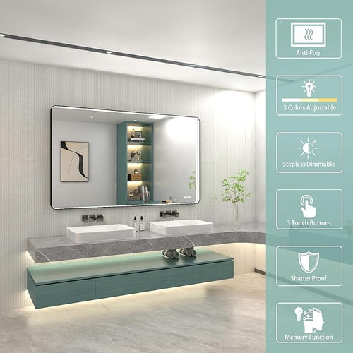 48x28 Inch LED Bathroom Mirror with Lights, Black Metal Framed LED Mirror for Bathroom, 3 Colors and Stepless Dimmable Wall Mounted Lighted Bathroom Vanity Mirror, Anti-Fog, Memory