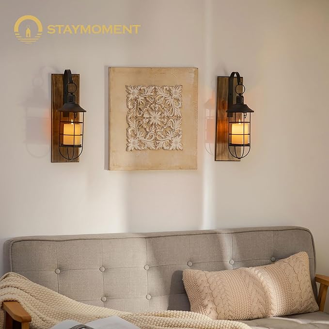 Wall Sconces Candle Holder: Set of 2 Farmhouse Wall Lantern Decor Wood Brown Decorations Indoor for Living Room Front Door Porch
