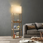 RUNTOP Floor Lamp with Shelves, Plus Shelf Lamp with Wireless Charger, 2 USB Port and Outlet, 1 Drawer, 15W LED Bulb, 3 Colors, Memory Function, Floor Lamps for Living Room, Standing Lamp for Bedroom