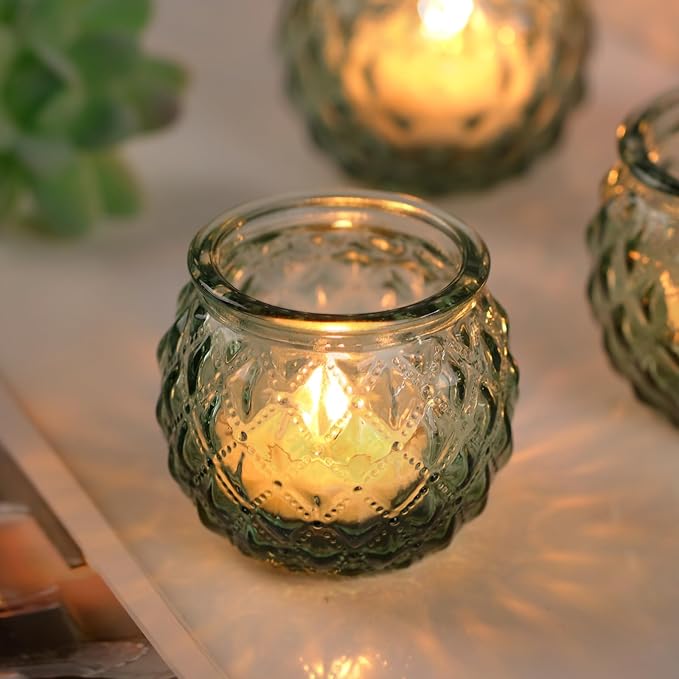 DARJEN Green Votive Candle Holders Set of 24- Round Glass Candle Holders Bulk for Flameless LED Tea Waxes, Candle Holder for Wedding Shower & Home Table Decor, Various Parties
