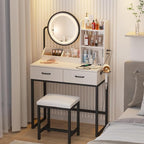 Vabches Makeup Vanity with Round Mirror and Lights, White Vanity Makeup Table with Charging Station, Small Vanity Table for Bedroom, 3 Lighting Modes, 31.5in(L)