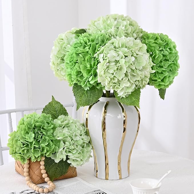 6 Pcs Real Touch Hydrangea Artificial Flowers, 21" Light Green & Dark Green Full Faux Hydrangea Flowers Latex Fake Flowers for Home Decor Party Floral Arrangements Wedding Bouquets Outdoor Decor