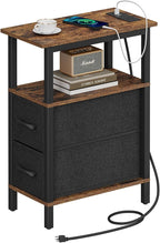 Narrow Side Table for Small Spaces, Skinny End Table with Charging Station, Sofa Beside Table with 2 Drawers 1 Open Compartment, Slim Nightstand with USB Ports Outlet, Rustic and Brown UTBT004F