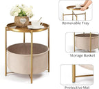 danpinera Round Side Table with Fabric Storage Basket, Metal Side Small Bedside Table Nightstand with Removable Tray Top for Living Room, Bedroom, Nursery, Bathroom, Gold