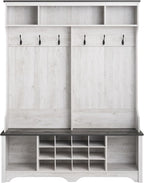 Prepac Farmhouse Washed White Hall Tree, Shoe Cabinet, Storage Cabinet with 12 Shoe Cubbies, 2 Boot Cubbies and 6 Double Coat Hooks 15.5" D x 60" W x 77" H