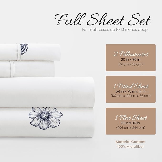 Linen Market Double-Brushed Patterned Microfiber Full Sheet Set 4 Piece – Oeko-TEX Certified Ultra Soft & Wrinkle-Free - 16" Deep Pocket Sheets - Easy Care Full Size - Indigo Flowers Navy