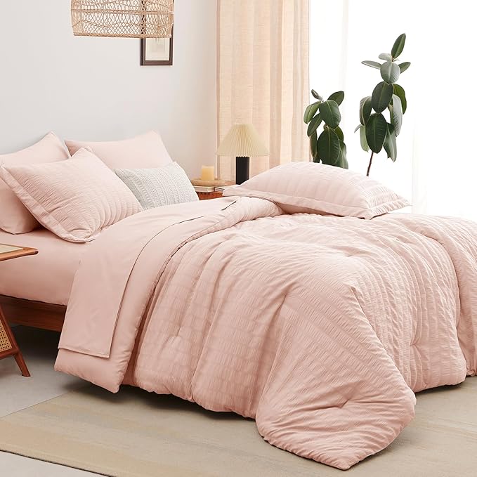 CozyLux Queen Comforter Set Blush Pink Seersucker 7 Pieces Bed in a Bag Queen Comforter Set with Sheets, Luxury Soft Bedding Set with Down Alternative Comforter, Sheets, Pillowcases & Shams All Season