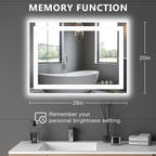 DUMOS 28"x 21" LED Bathroom Mirror with Lights, Dimmable Anti-Fog Front Lit Backlit Lighted Wall Mounted Rectangle for Vanity Makeup Memory Function Tempered Glass Shatter-Proof Horizontal&Vertically