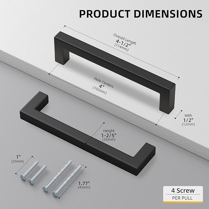 goldenwarm 60 Pack 4 Inch Black Cabinet Handles Matte Black Drawer Pulls Stainless Steel Cabinets Hardware Square Bar Modern for Kitchen Bathroom Cupboard