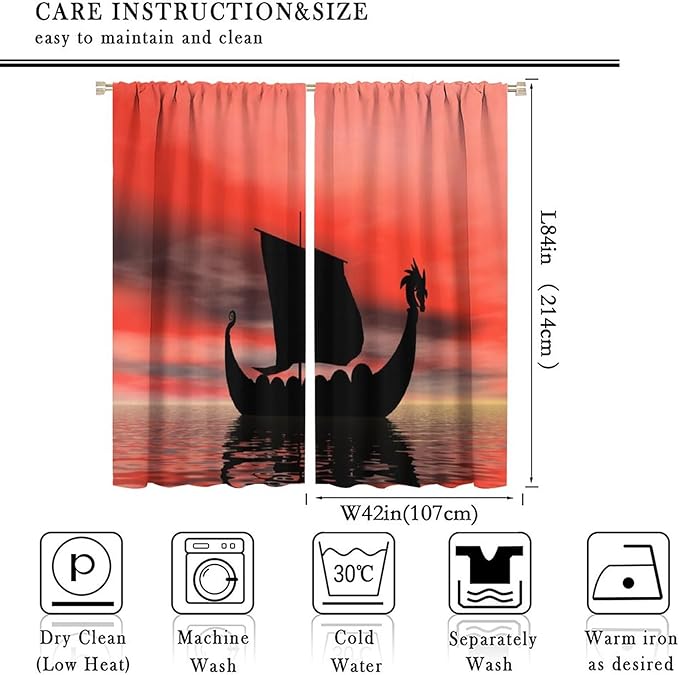 Viking Ship Curtains, Fantasy Ocean Vintage Sailboat at Sundown Nautical Themed Print Blackout Window Treatments for Boys Bedroom Living Room 84x84in