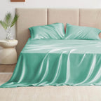 Love's cabin Full Satin Bed Linen Set, 4 Piece, Aqua, Silky Soft, Luxury Feeling, Wrinkle Resistant, Deep Pockets, Fitted & Flat Sheets, 2 Pillowcases