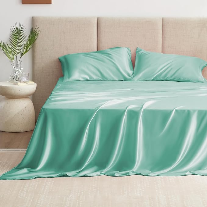 Love's cabin Satin King Sheet Sets - 4 Piece Aqua Silky Sheets King Size Bed Set with Deep Pocket, Luxury Silk Feel King Size Satin Sheet Set (1 Flat Sheet,1 Fitted Sheet,2 Pillow Cases)