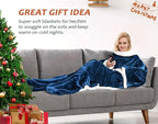 Catalonia Sherpa Wearable Blanket with Sleeves & Foot Pockets for Adult Women Men, Comfy Snuggly Wrap Sleeved Throw Blanket Robe, Gift Idea, Blue