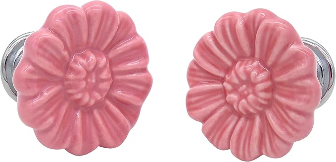 6PCS Vintage Floral Daisy Ceramic Dresser Drawer Knobs Elegant Cabinet Cupboard Door Hardware Pull Handles w/Screws Pink
