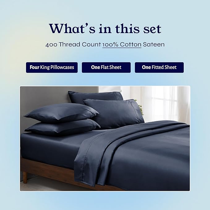 California Design Den 6-Pc King Size Sheet Set with 4 Pillowcases - Soft 400 Thread Count 100% Cotton Sheets, Cooling Sateen Weave, Luxury Deep Pocket Bedsheets Set - Indigo Dusty Blue