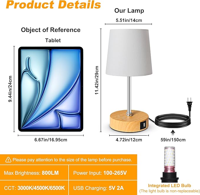 Ascher Small Bedside Table lamp Set of 2, RGB Color Changing Lamps, 3 Color Temperatures, Stepless Dimmable, Nightstand Lamp with USB C+A Ports for Bedroom Living Room, (White Shade, Wood Grain Base)