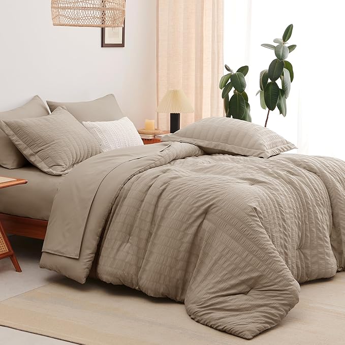 CozyLux King Size Comforter Set Khaki Seersucker 7 Pieces Bed in a Bag King Comforter Set with Sheets, Luxury Soft Bedding Set with Down Alternative Comforter, Sheets, Pillowcases & Shams All Seasons