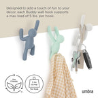 Umbra Buddy Wall Hooks – Decorative Wall Mounted Coat Hooks for Hanging Coats, Scarves, Bags, Purses, Backpacks, Towels and More, Set of 3, Light Multicolored