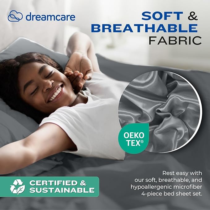 DREAMCARE Full Size Sheets – 4 pcs Cooling Sheets – up to 21” Deep Full Sheet Set – Hotel Luxury Sheets & Pillowcases – Superior Softness 100% Fine Microfiber with Side Pocket – DGray