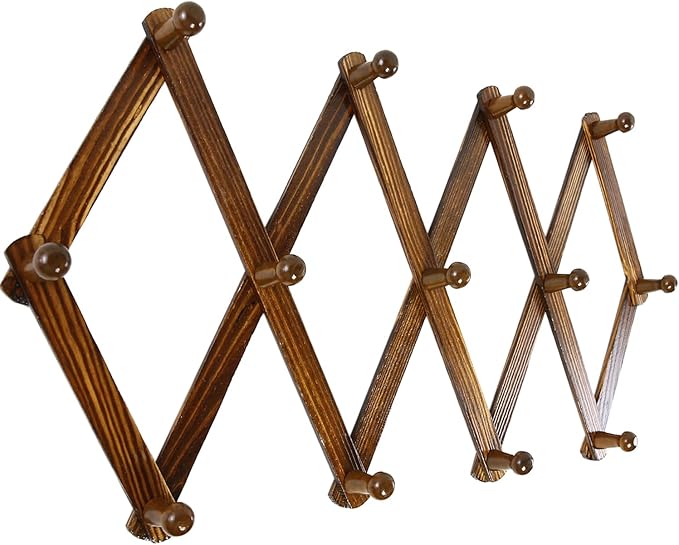 AMAPON Accordion Style Expandable Wall Wooden Coat Rack 13 Hooks (Pegs) Hang Hats Jackets Coffee Mug Purses Necklaces Towels Cap Leash Scarves Data Line Kitchenware (Walnut 2 Pack)