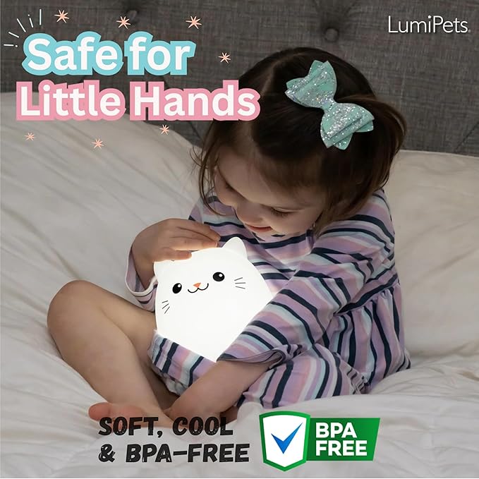 Lumipets Clive The Cat Squishy Silicone Night Light for Kids | Cute Night Light with Remote & Touch Control for Baby & Toddler Bedrooms | Color Changing Portable Animal Nightlight | Kids Mood Lamp