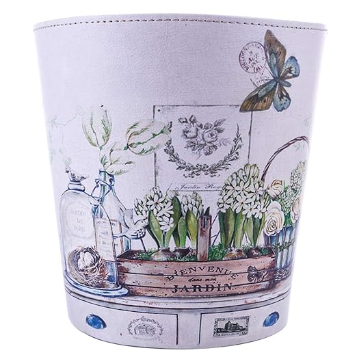 Wastebasket, British Style PU Leather Round Decorative Trash Bin Garbage Can Wastebasket Without Lid for Living Room Home Office - Plants and Butterfly