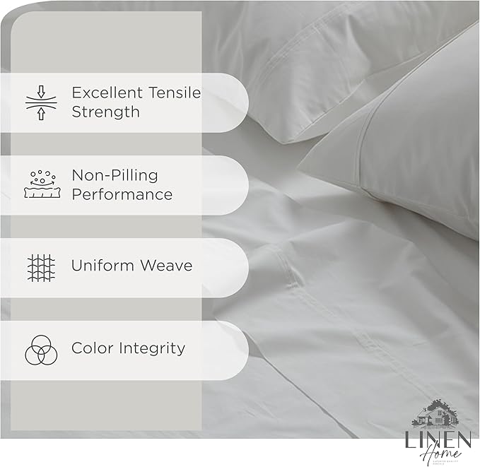 Linen Home 100% Cotton Percale Sheets Twin Size, White, Deep Pocket, 3 Pieces Set - 1 Flat, 1 Deep Pocket Fitted Sheet and 1 Pillowcase, Crisp Cool and Strong Bed Linen