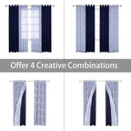 BONZER Mix and Match Curtains - 2 Pieces Branch Print Sheer Curtains and 2 Pieces Blackout Curtains for Bedroom Living Room Grommet Window Drapes, 54x63 Inch/Panel, Indigo, Set of 4 Panels