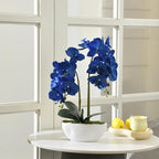 Large Artificial Potted Orchid Plant, Silk Flower Arrangement with Ceramics Vase, Navy Blue