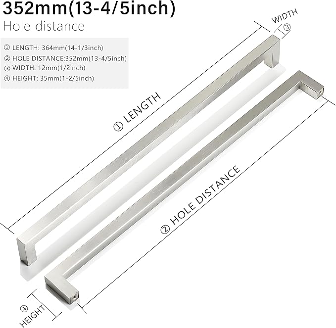 Cabinet Pulls Brushed Nickel Cabinet Handles Square Drawer Pulls, 20 Pack 13-4/5 Inch Stainless Steel Kitchen Door Cupboard Cabinet Handles, Cabinet Hardware Handles, 352mm Hole Centers