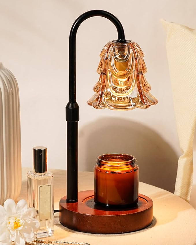 Small Candle Warmer Lamp with Timer, Adjustable Flower Lamp Warmer for Jar Candles, Unique Women Gifts for Birthday, Dimmable Candle Heater, Christmas Gifts, Cute Wax Warming Light with Wood Base