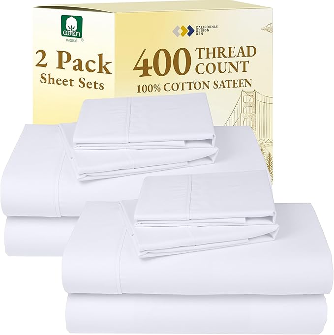 California Design Den 2-Pack Cal King Bedsheet Set - 400 Thread Count Sateen 100% Cotton Sheets - Extra Soft, Breathable & Cooling Sheets, Wrinkle Resistant, 2 Sets of Deep Pocket Bed Sheets - White