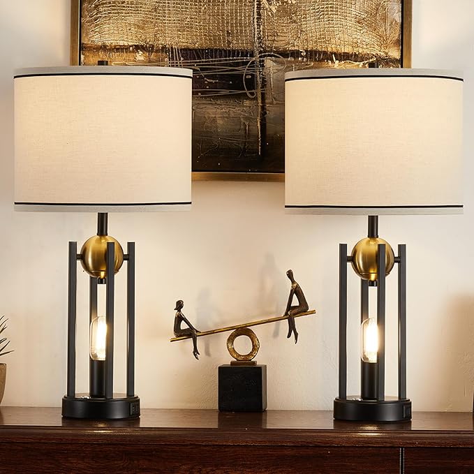 25'' Farmhouse Table Lamps for Living Room Set of 2 with USB C+A Ports, Vintage Bedside Lamp for Bedroom, Touch Lamps for Nightstand, Dual Lights Independent Switch, 4 Bulbs Included, Gold