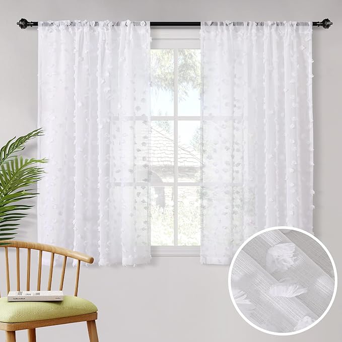MYSKY HOME White Sheer Short Curtains with Pom Pom for Small Windows Bedroom Nursery Kids Girls Room Curtains Cafe Kitchen Light Filtering Boho Drapes, Rod Pocket,52 x 45 Inches, 2 Panels
