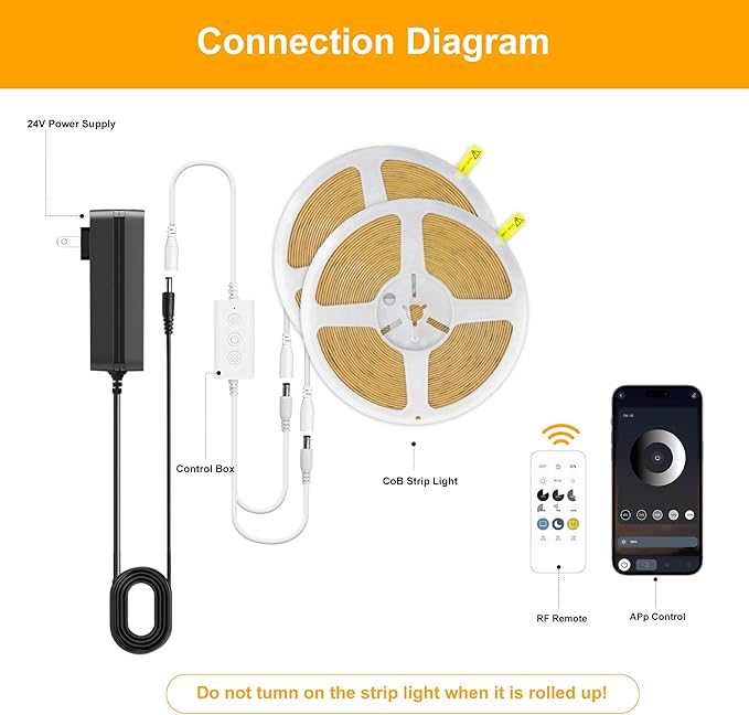 COB LED Strip Lights Warm White,24V Dimmable led Light Strip KIT with Remote and app Control,3000K 50FT/15m 8mm Wide Ra>90 Cuttable Flexible Strip Lights for Bedroom,Shelf,Cabinet