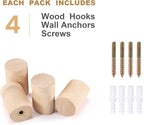 Wood Wall Hooks, 4 Pack Natural Wooden Coat Hooks Wall Mounted, Rustic Hat Hooks, Heavy Duty Entryway Wall Hangers for Hanging Purse, Towels, Clothes, Backpack