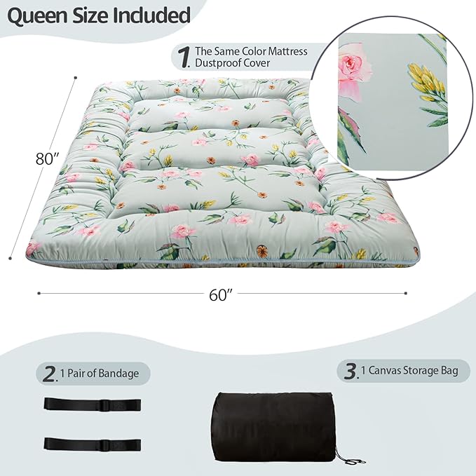 MAXYOYO Japanese Futon Mattress Floor Mattress Sleeping Pad Foldable Bed Roll Up Camping Cushion Floor Lounger Bed Couches and Sofas Couch Topper, Green Floral, Queen Size
