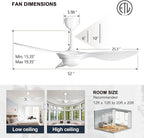 reiga 52 Inch Smart White Ceiling Fan with Light and Remote, ETL Listed Quiet DC Motor 3 Blade Indoor Outdoor Ceiling Fans for Bedroom Living Room Patios