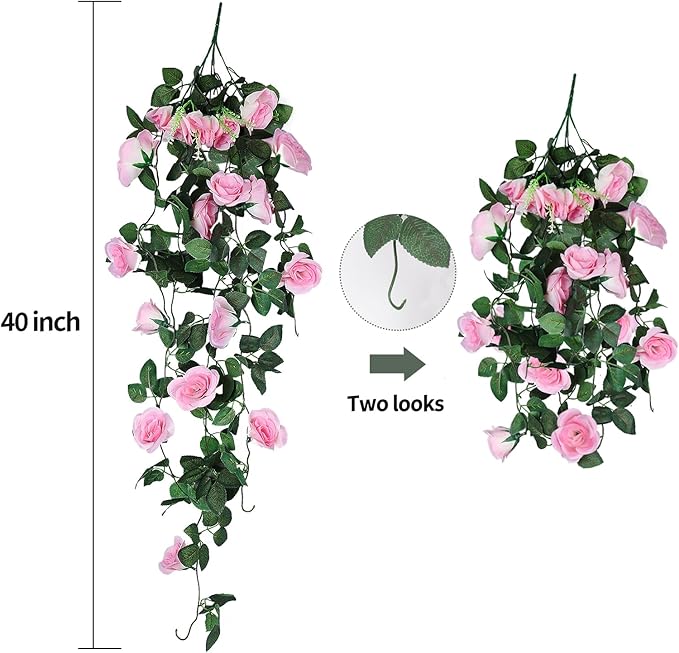 RECUTMS Artificial Hanging Rose Flower 4PCS Vine Plants with 30 LED Fairy String Lights Fake for Indoor Outside Garden Porch Farmhouse (Pink)